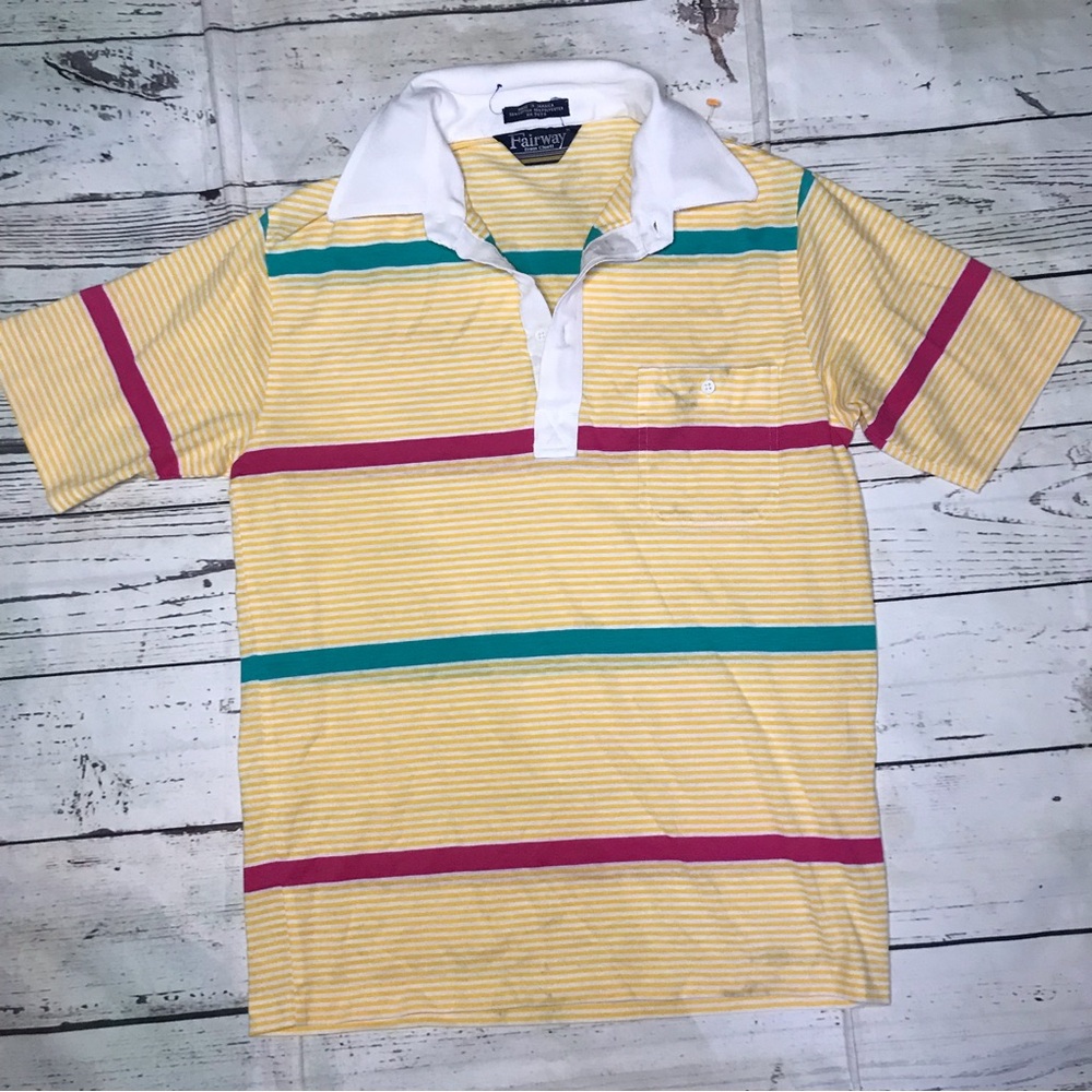 Fairway vintage de Cluett 70s/80s yellow Striped Casual Golf Polo Pocket Shirt